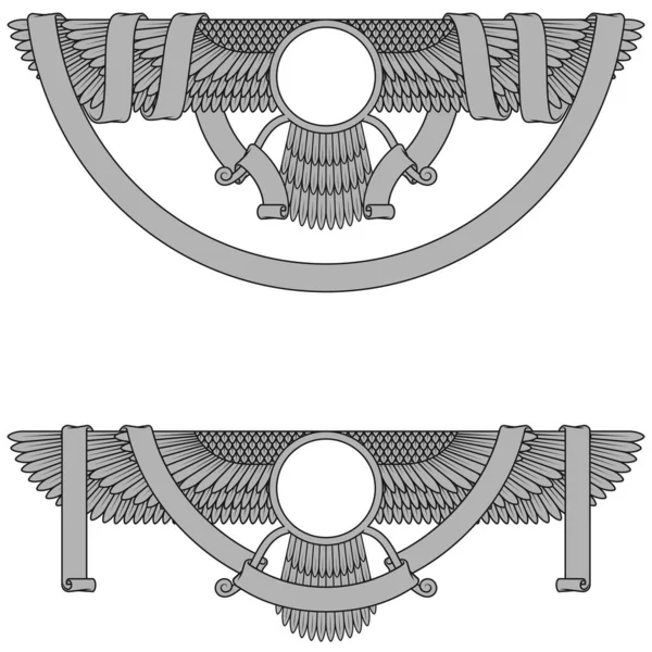 Faravahar sembolünün vektör tasarımı, Zoroastrian dininin sembolü, kurdeleyle çevrili kanatlı güneş diski..
