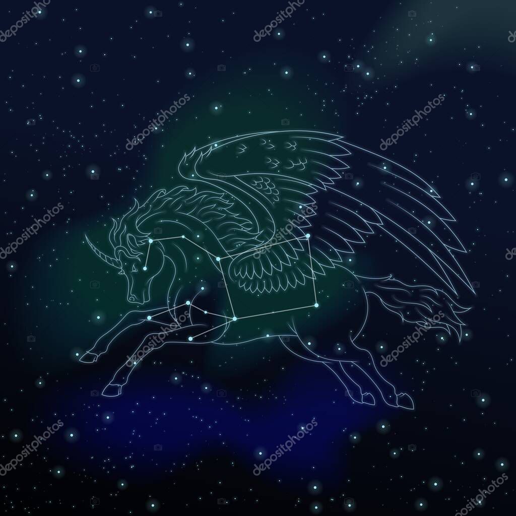 Pegasus constellation in the night sky, winged horse with stars from Greek mythology, night sky with stars