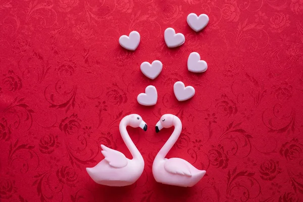 Valentine Day Background Couple Flamingo Bird Red Background Top View — Stock Photo, Image