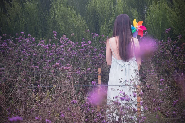 Verbena çiçek bahçesinde gökkuşağı yel değirmenleri tutan yalnız kadın, — Stok fotoğraf