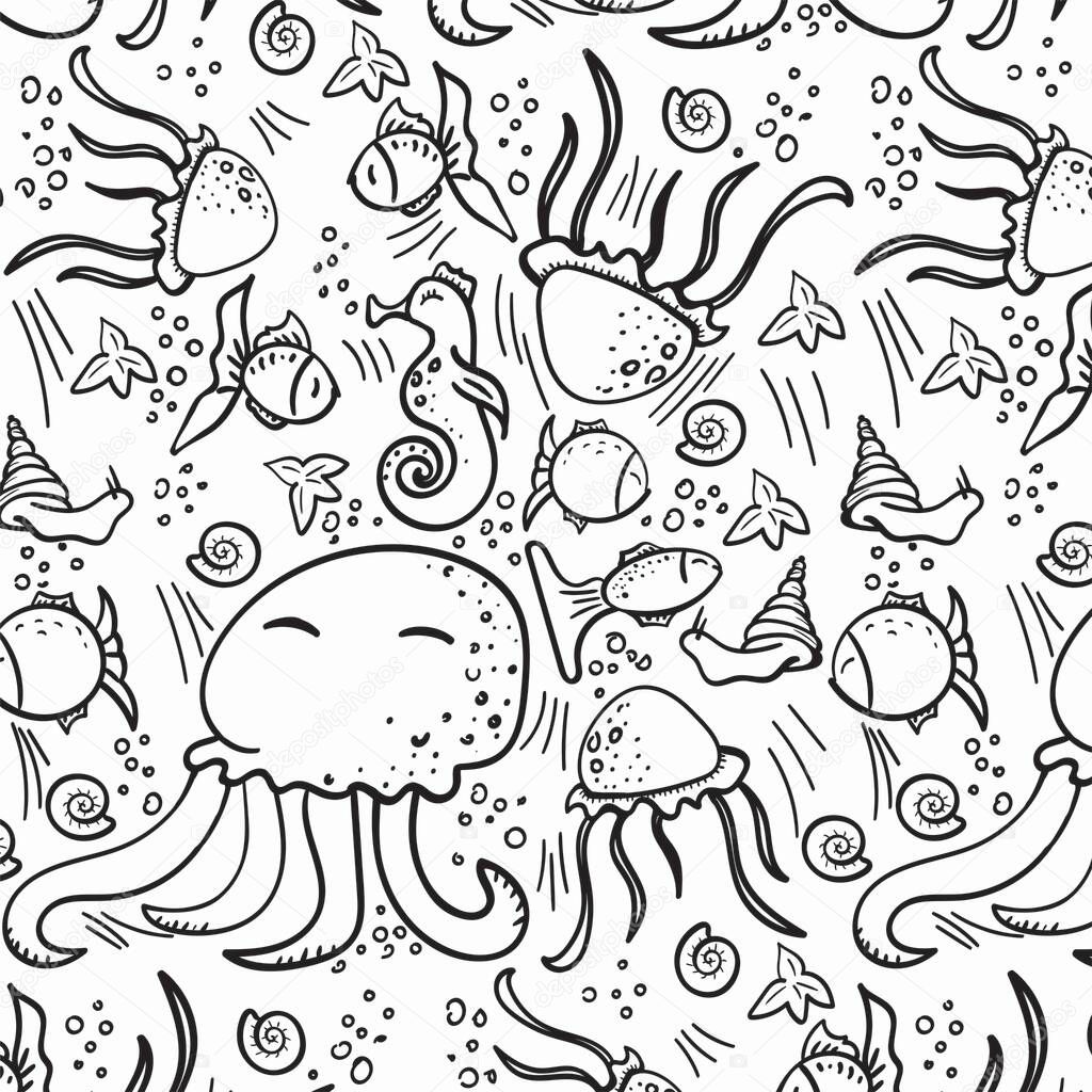 Underwater world illustration. Sea life. Seamless pattern on a white background. Vector under the sea