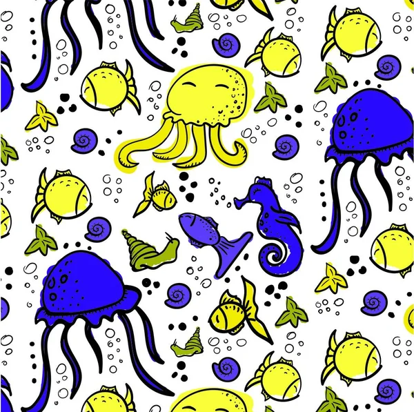 Seamless pattern on a white background. Vector under the sea, seahorse, octopus, fish, jellyfish — Stock Vector