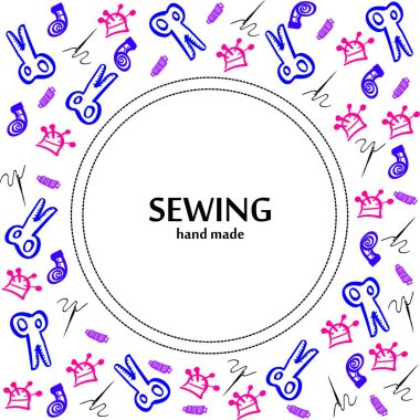 İğne işi aksesuarlar. İğne, makas, dikişsiz desenler. Vektör