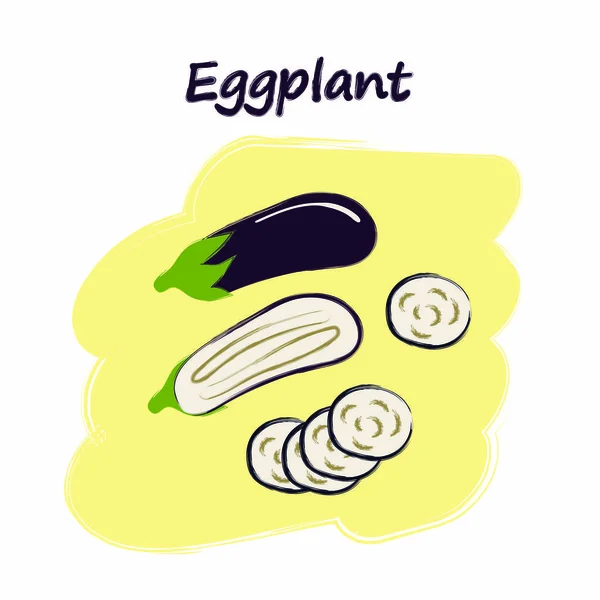 Skivade grönsaker med titlar, söta teckningar, uppsättning skärda aubergine — Stock vektor