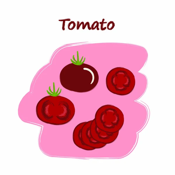 제목이 붙은 가죽 채소, 귀여운 그림, 자른 토마토 세트 — 스톡 벡터