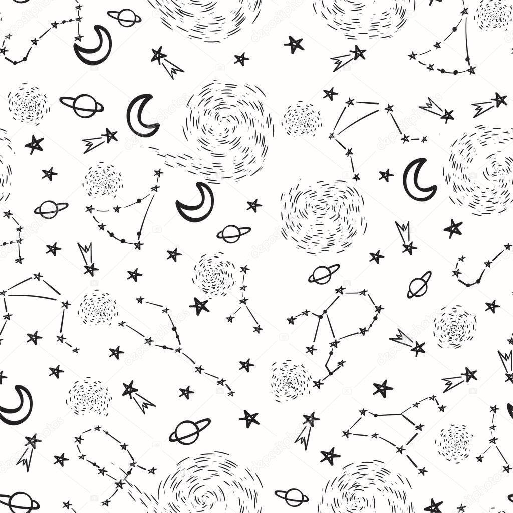 Seamless patterns of 12 zodiac signs on a white background. Vector illustration