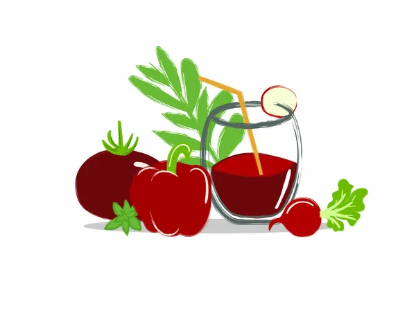 Un verre de jus fraîchement pressé de légumes avec une paille avec des brins de légumes verts, tomate, poivre, radis — Image vectorielle