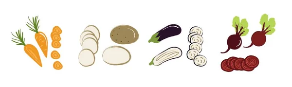 Set gesneden groenten, schattige tekeningen, schijfjes wortelen, aubergine, aardappelen, bieten — Stockvector