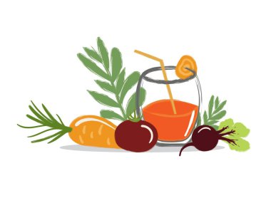 Sebzelerden taze sıkılmış bir bardak yeşillik, havuç, domates ve pancar filizi ile birlikte taze sıkılmış meyve suyu.