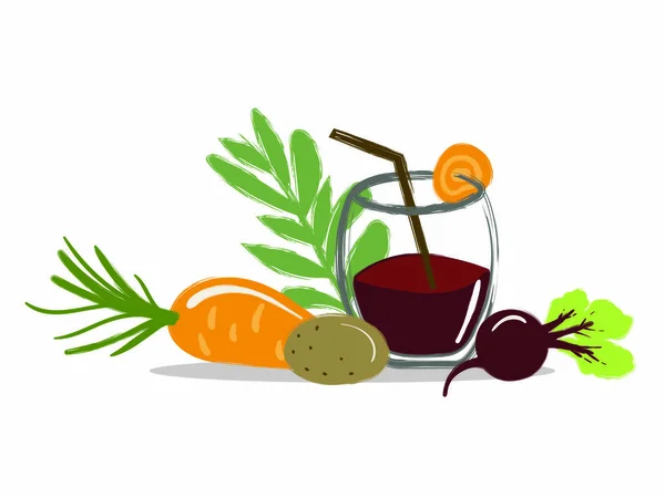 A glass of freshly squeezed juice from vegetables with a straw with sprigs of greens, potatoes, carrots, beets — Stock Vector