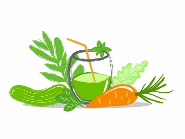 Стакан свежевыжатого сока из овощей с соломой с веточками зелени, моркови, огурца, мяты — стоковый вектор