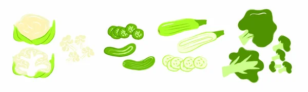 Ensemble de légumes verts coupés, dessins mignons, tranches de concombre, chou-fleur, brocoli, courgettes — Image vectorielle