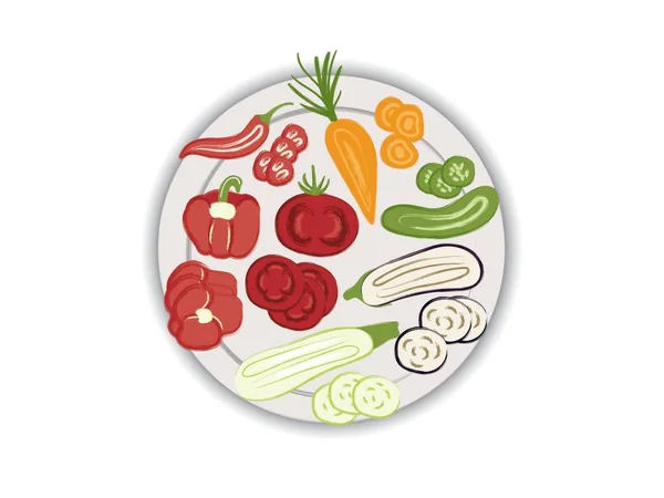 Placa con verduras frescas en rodajas, comida sobre un fondo blanco — Vector de stock