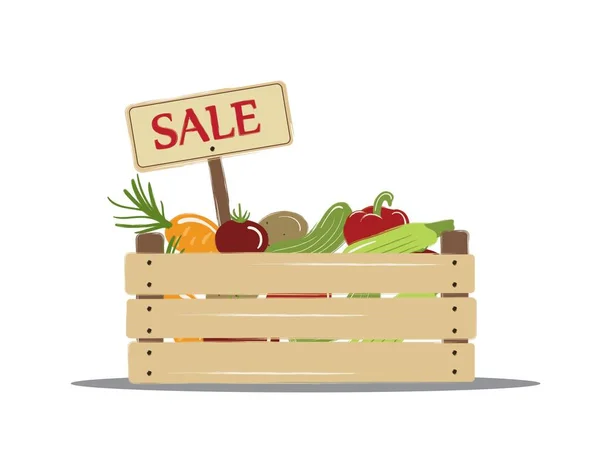 Caixa de madeira com vegetais frescos e saudáveis ilustração vetorial em um fundo branco. Folheto de desconto de alimentos — Vetor de Stock