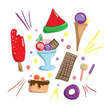 Tatlı yaz ikonları: farklı dondurma, buzlu şeker, meyveli dondurma ve dondurma kamyonu. Güzel yemeklerle dolu parlak bir yaz tatili posteri.
