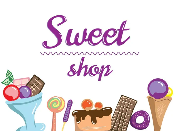 Candy Sweet Shop šablona sada různých barev cukroví, cukroví, sladkosti, čokoládové bonbóny, spirálové barevné sladkosti. Pozadí, plakát, banner, izolovaný, kreslený styl — Stockový vektor