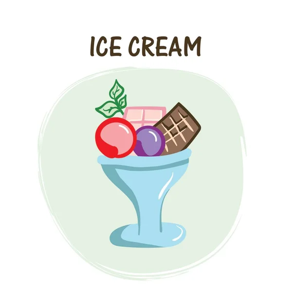 Süße Sommer-Ikonen: verschiedene Eissorten, Eis am Stiel, Fruchteis und Eis-Truck. Helles Sommerposter mit süßem Essen. — Stockvektor