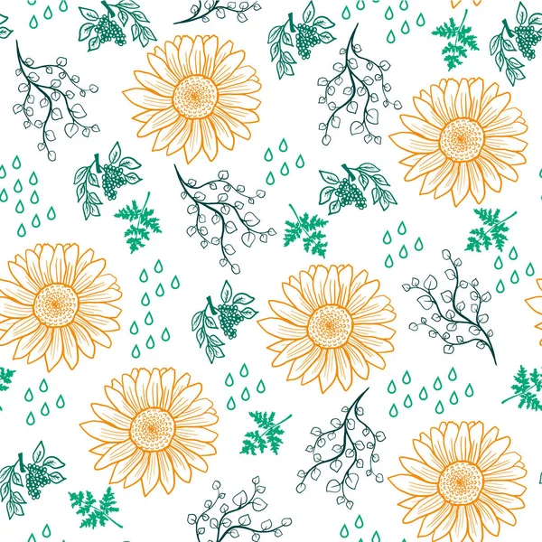 Seamless pattern in the concept of childrens drawings. Background with flowers, hearts and birds. — Stock Vector