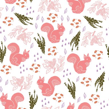 Sincaplar ve baykuşlarla kusursuz desen, beyaz arka planda sonbahar çizimi. Meşe yaprakları meşe palamudu ile