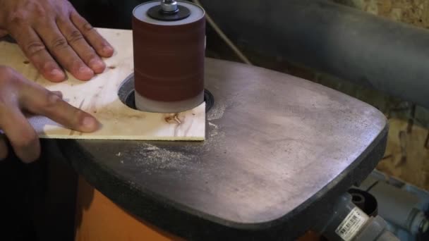 男は研削盤に取り組んでる 合板のシートを研磨する サンディングベルトが上下に動きます 男性の手を閉じる 趣味と仕事 — ストック動画