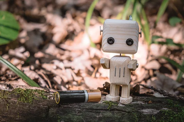 Petit Robot Bois Côté Une Batterie Alcaline Dans Une Forêt — Photo