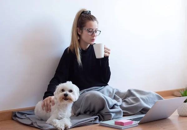 Κορίτσι Απολαμβάνει Ένα Φλιτζάνι Καφέ Παίζοντας Σκύλο Της Στο Σπίτι — Φωτογραφία Αρχείου