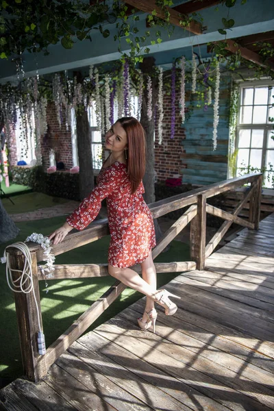 Beautiful Girl Red Dress Posing Interior Room — Stock Photo, Image