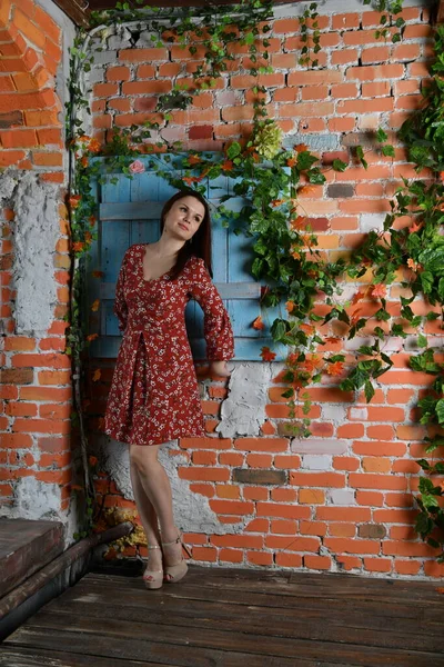 Belle Fille Dans Une Robe Rouge Posant Intérieur Chambre — Photo