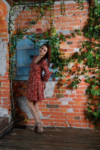 Красива Дівчина Червоній Сукні Позує Інтер Єрі Кімнати — стокове фото
