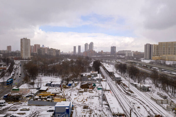 Panoramic views of the city and the river after the first snow fell removed from the drone