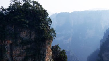 Sisin tepesinde çam ağaçları olan dünya dışı büyülü dağlar.