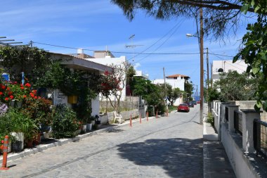 Mavi gökyüzü ve bahçesinde çiçekler olan deniz kıyısı manzarası