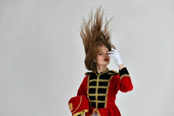 Beautiful Woman Red Military Suit Posing Sword — Stock Photo, Image