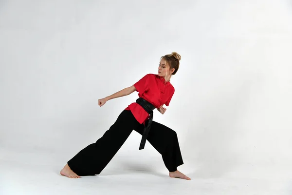 Beautiful Girl Black Red Does Exercises Mastery Martial Arts — Stock Photo, Image