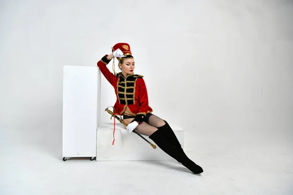 Beautiful Girl Red Hussar Costume Sword — Stock Photo, Image