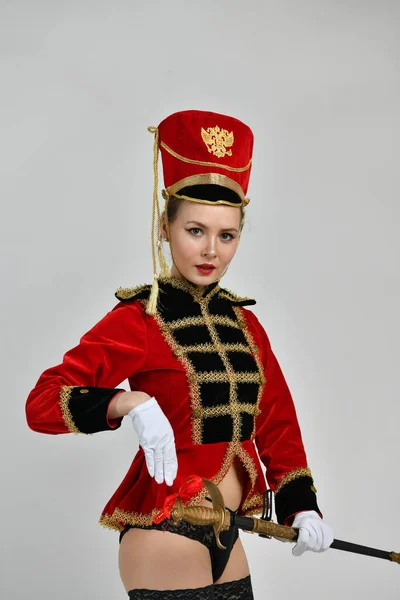 Beautiful Girl Old Hussar Costume Black Boots — Stock Photo, Image