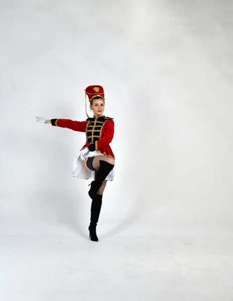 Beautiful Girl Red Hussar Uniform Marching Sword — Stock Photo, Image