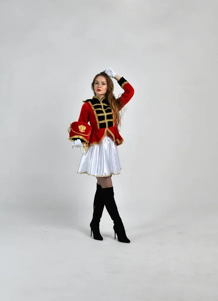 Beautiful Girl Red Hussar Uniform Marching Sword — Stock Photo, Image