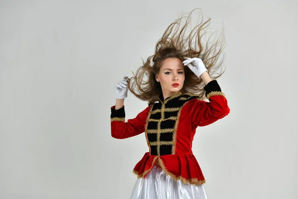 Beautiful Girl Red Hussar Uniform Loose Hair — Stock Photo, Image