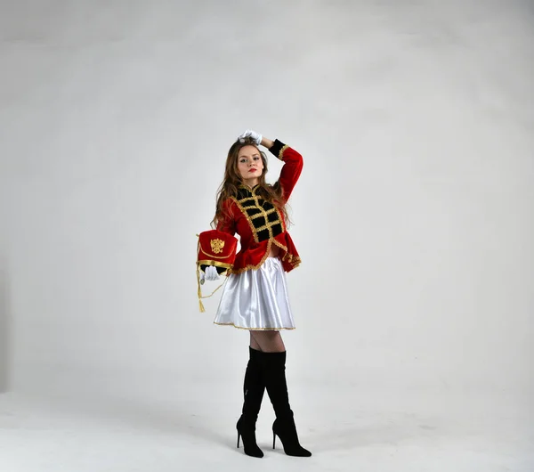 Beautiful Girl Red Hussar Uniform Loose Hair — Stock Photo, Image