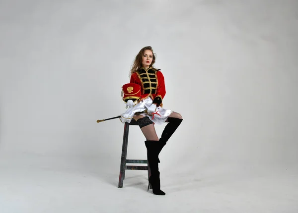 Beautiful Girl Red Antique Hussar Costume Posing White Background — Stock Photo, Image