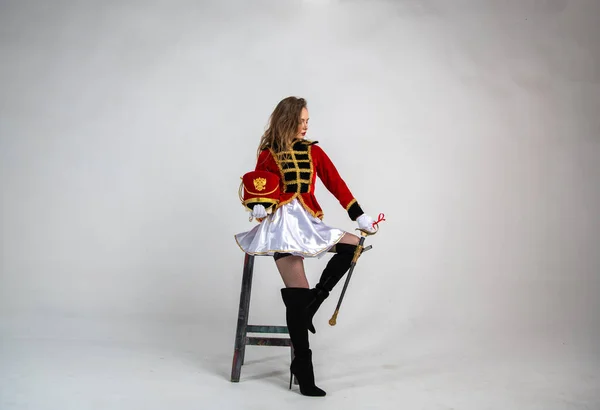 Beautiful Girl Red Antique Hussar Costume Posing White Background — Stock Photo, Image