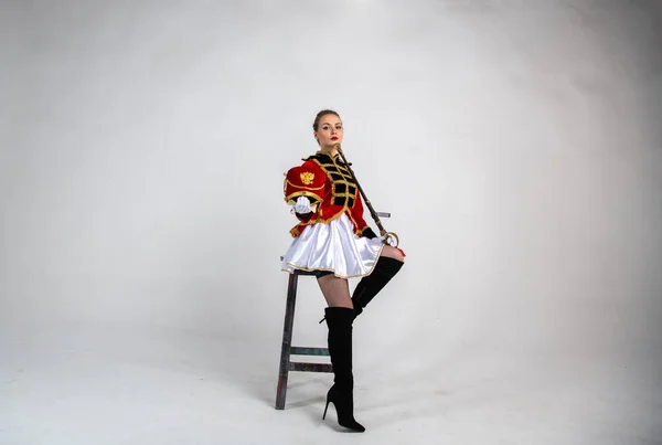 Beautiful Girl Red Antique Hussar Costume Posing White Background — Stock Photo, Image