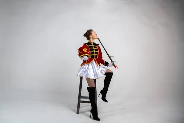 Beautiful Girl Red Antique Hussar Costume Posing White Background — Stock Photo, Image