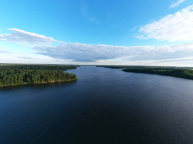 Nehir ormanı ve gökyüzünde fantastik bulutlarla doğal manzara