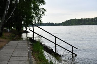 Nehir ve orman üzerinde iskelesi olan bir manzara.