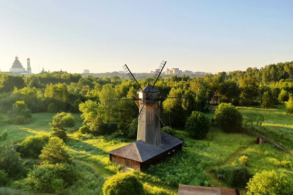 Panoramic View Wooden Mill Green Meadow Filmed Drone Dawn — Stock Photo, Image