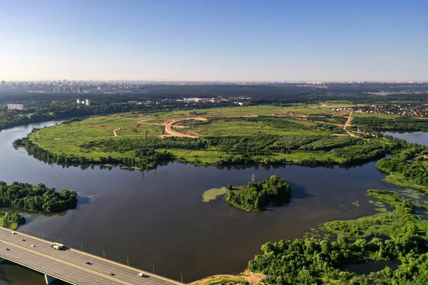 Vue Panoramique Autoroute Autre Côté Rivière Prise Depuis Drone Aube — Photo