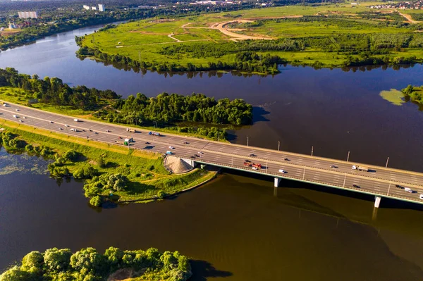 Vue Panoramique Autoroute Autre Côté Rivière Prise Depuis Drone Aube — Photo