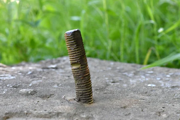 metal rod with thread on a background of green landscape